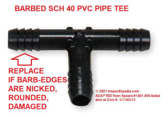 Barbed PVC fittings or tees should be repalced if the edges of the barbs are nicked, rounded, or damaged as else the fitting may not seal against the pipe or tube (C) Daniel Friedman at InspectApedia.com