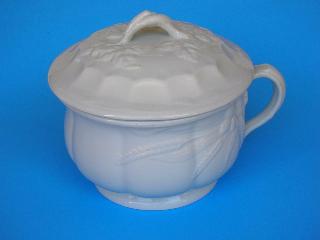 White porcelain chamber pot with lid as sold on eBay in 2019 - shown at InspectApedia.com article on chamber pots and close stools