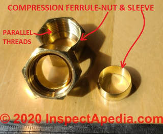 Compression nut & sleeve, brassk 1/2" (C) Daniel Friedman at InspectApedia.com