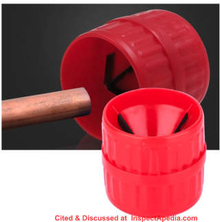 Copper pipe or tubing deburring tool from Doact cited & discussed at InspectApedia.com used making flare or solder fittings.