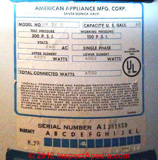 Dyna-Flow water heater, Data tag, serial number, age, American Appliance Mfg. (C) InspectApedia.com E