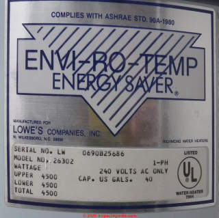 Envi-Ro-Temp-water heater data tag and age (C) InspectApedia.com Frank Envirotemp water heater electric Model 26302 