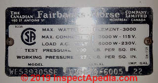 Fairbanks Morse water heater data tag, Canadian made (C) InspectApedia.com Rene-Philippe Hebert
