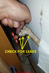 Where to check for leaks at an indoor stop valve on water piping (C) Daniel Friedman at Inspectapedia.com