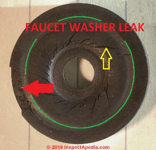 Chipped faucet washer explains why this outdoor hose bibb was dripping (C) Daniel Friedman at Inspectapedia.com