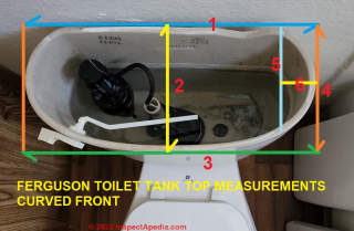 Measurements when replacing a toilet tank (cistern) top whose cistern or tank is curved out at the front (C) InspectApedia.com