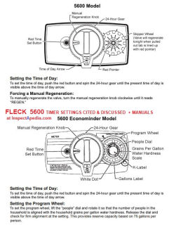 How to set the timer on a Fleck 5600 Softener cited & discussed + manuals at InspectApedia.com