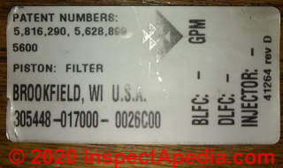 Fleck 5600 water softener ID sticker (C) InspectApedia.com Eric