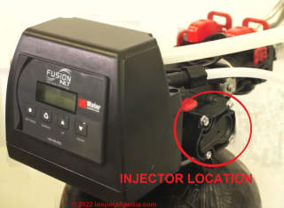 Injector assembly location on a Fusion NLT water softener at InspectApedia.com