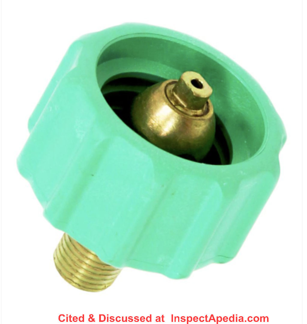 Gas bottle connector color codes - cited & discussed at InspectApedia.com