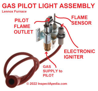 Components of a typical gas pilot flame assembly (C) InspectApedia.com