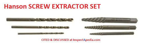 Use a screw extractor to remove old broken off screws such as faucet washer retainers - Hanson screw extrator set includes drill bits extractors  cited & discussed at InspectApedia.com 