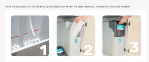 How to replace the salt block in a Harveys Crown block salt water softener cited & discussed at InspectApedia.com