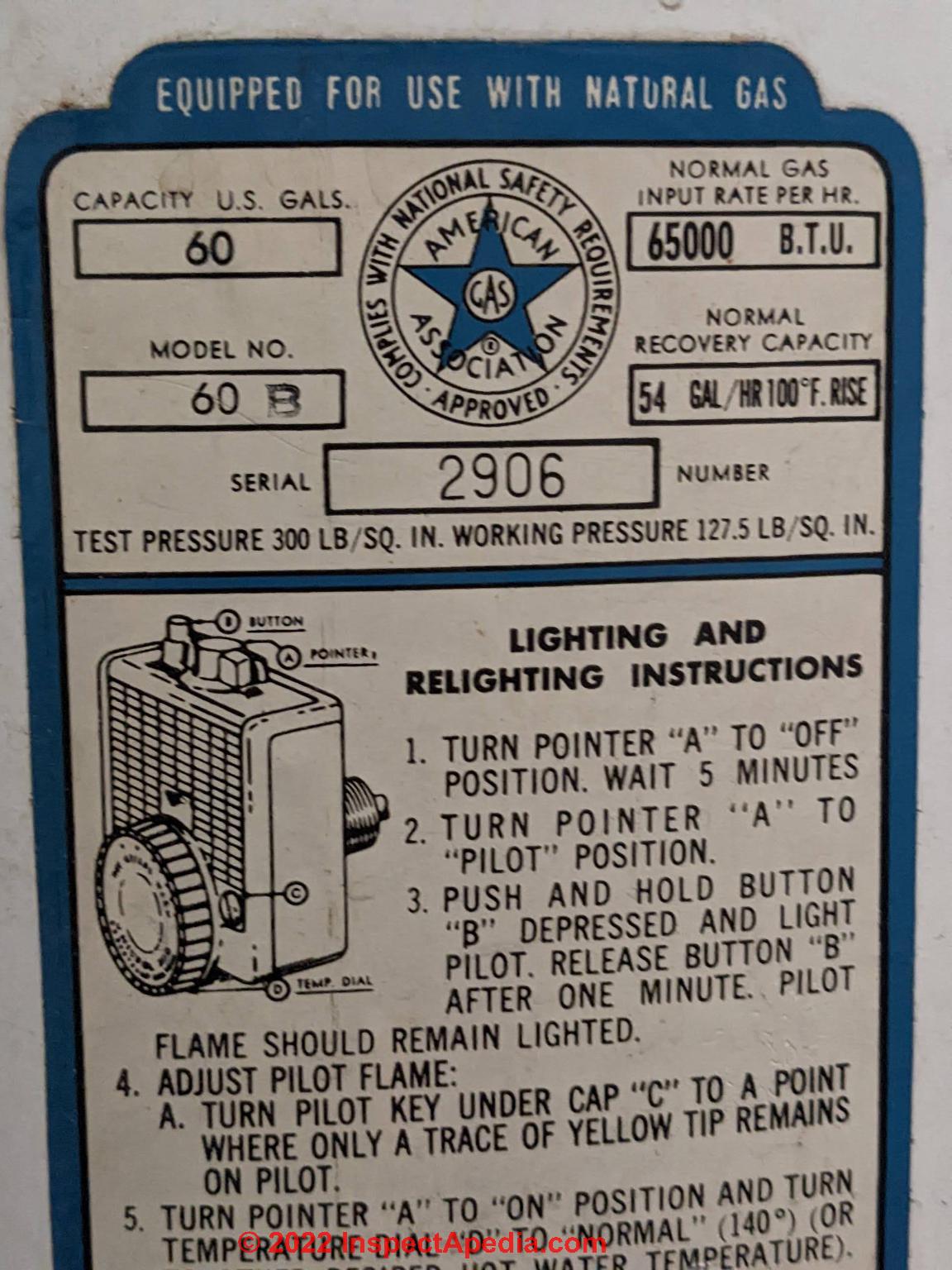 Data tag on a 1937 Hoyt Water heater (C) InspectApedia.com BN