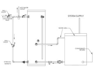 Piping layout for indirect fired water heater (C) InspectApedia.com Barry