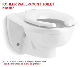 Low height toilets include wall-mount like the Kohler toilet shown at Inspectapedia.com