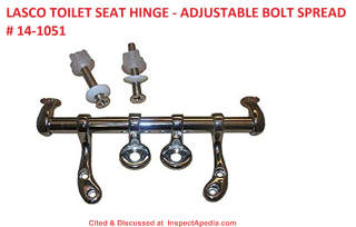 Lasco adjustable spread toilet seat hinge bolt kit cited & discussed at InspectApedia.com