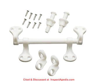 Lasco white polyethylene toilet seat hinge has adjustable hinge bolt spacing - cited & discussed at InspectApedia.com