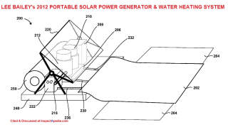 Lee Bailey's portable solar power generator and water heating system patent  12/969,322, filed June 21, 2012. Cited & discussed at InspectApedia.com