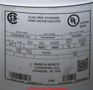 Lochinvar electric storage tank water heater cited & discussed at InspectApedia.com