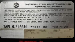 More-recent National Steel Construction Co. water heater (C) InspectApedia.com Victoria Lynn