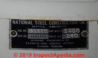 National Steel Co. water heater data tag (C) InspectApedia.com reader Anon