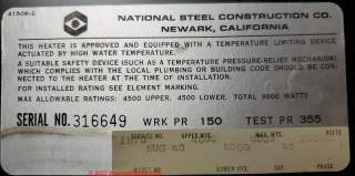 National Steel water heater data tag (C) InspectApedia.com Victoria Lynn