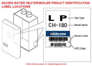 Navien water heater product identificatin label locations - cited & discussed at InspectApedia.com