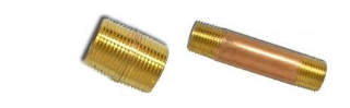 Brass pipe nipples showing standard NPT or National Pipe Thread tapered fittings at Inspectapedia.com