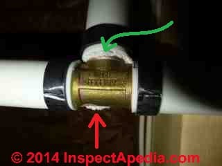 Brass PEX pipoing fitting corrosion (C) 2014 InspectApedia.com & Anon