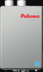 Paloma tankless water heater Model PHH-32RDV cited & discussed at  InspectApedia.com - Paloma excerpt: The Paloma PHH-32RDV will support 3-4 major hot water functions in a warm climate and 2-3 simultaneous major hot water functions in a cold climate. This unit uses condensing technology that allows it to be the most efficient whole-home tankless water heating solution at 0.94 Energy Factor. It can also be converted for commercial use up to 185°F with the simple addition of a hi-temp computer chip.