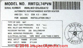 Paloma water heater data tag details (C) Daniel Friedman InspectApedia.com