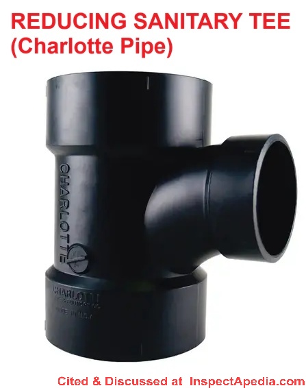 Reducing sanitary tee, ABS, from Charlotte Pipe cited & discussed at InspectApedia.com