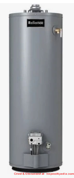 Reliance 50 gallon gas water heater cited & discussed and manual provided at InspectApedia.com