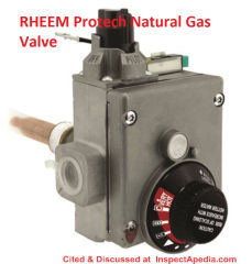 Rheem Protech natural gas water heater control cited & discussed at InspectApedia.com