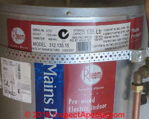 Rheem New Zealand water heater data label information (C) Daniel Friedman at InspectApedia.com