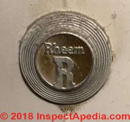 Rheem logo on a 1960s Rheem water heater (C) InspectApedia.com Nick