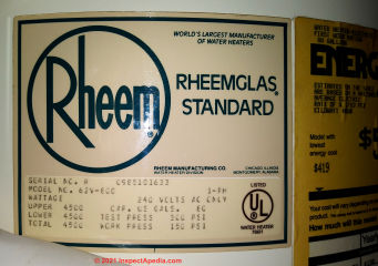 Rheem water heaer with 10 digit all numeric serial number - age decoded (C) InspectApedia.com Hogue