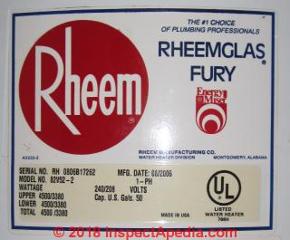 Rheem water heater label data (C) Daniel Friedman Boca Raton FL