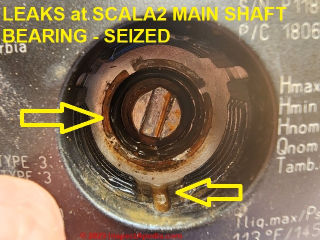 Leaks at Scala 2 pump main shaft after frreeing up seized motor (C) Daniel Friedman at InspectApedia.com