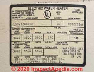 Sears Hoffman Estates  electric water heater data tag (C) InspectApedia.com Jenn