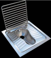 Stainless steel squat toilet distributed by Kuge, cited & discussed at InspectApedia.com