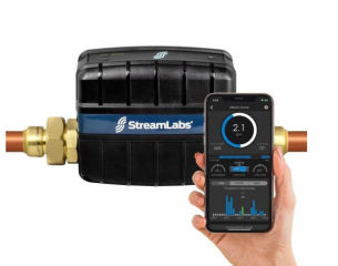 Streamlabs Smart Home water flow monitor, in-line, can shut off water flow - cited & discussed at InspectApedia.com