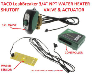 Taco water heater leak shutoff control & valve & leak sensor cited & discussed at InspectApedia.com