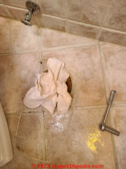 Use a stuff rag to block the toilet drain so that we don't drop somehing into that opening (C) Daniel Friedman at InspectApedia.com