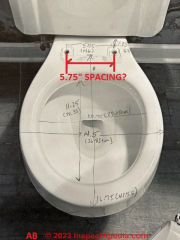 Find toilet seat hinge for Celite brand toilet with hinge bolt spaing 5.75" (C) InspectApedia.com Bahn