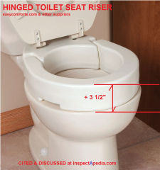Hinged toilet seat riser adds 3 1/2" to an existing toilet seat rim - cited & discussed at InspectApedia.com and sold at easycomforts.com