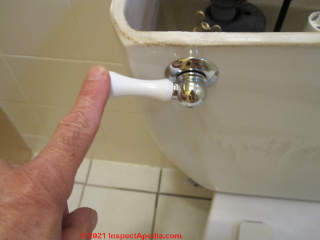 Side valve flush lever toilet © D Friedman at InspectApedia.com 