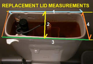 Measurements of a toilet tank cistern to buy a replacement top or lid (C) Inspectapedia.com