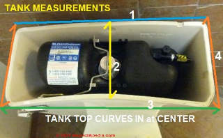 Toilet cistern (tank) curves in at center front - measurements for replacement top or cap (C) Inspectapedia.com